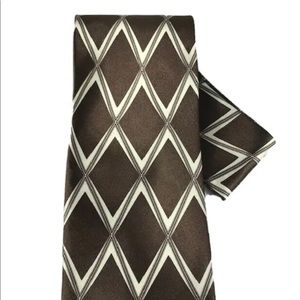Karl Knox Men's Tie & Hanky Brown Cream 100% Polyester Diamond Pattern 4" Wide